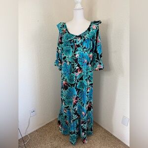 Womens Hilo Hattie Large Long Muumuu Ruffle Neck Blue Tropical‎ Print Dress
